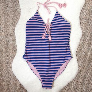 One Piece Swimsuit Juniors Large Blue Pink Stripe Lace Up Halter Barbiecore